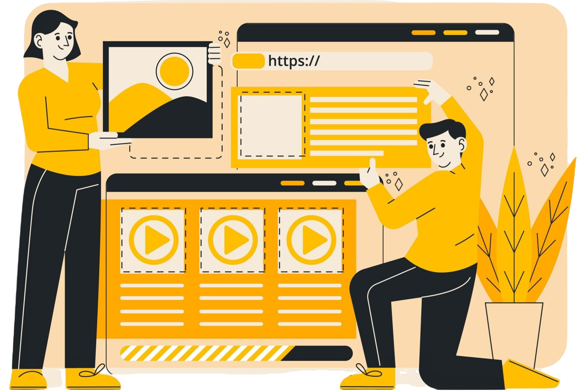 Illustration of web-design with browser windows and a boy and a girl